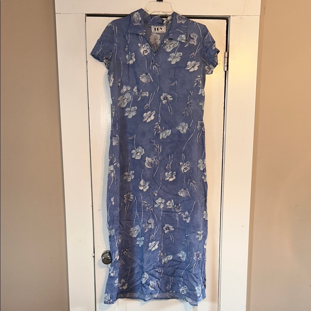 Vintage Women’s Floral Blue Maxi Dress Pullover Short Sleeve Summer Brunch
